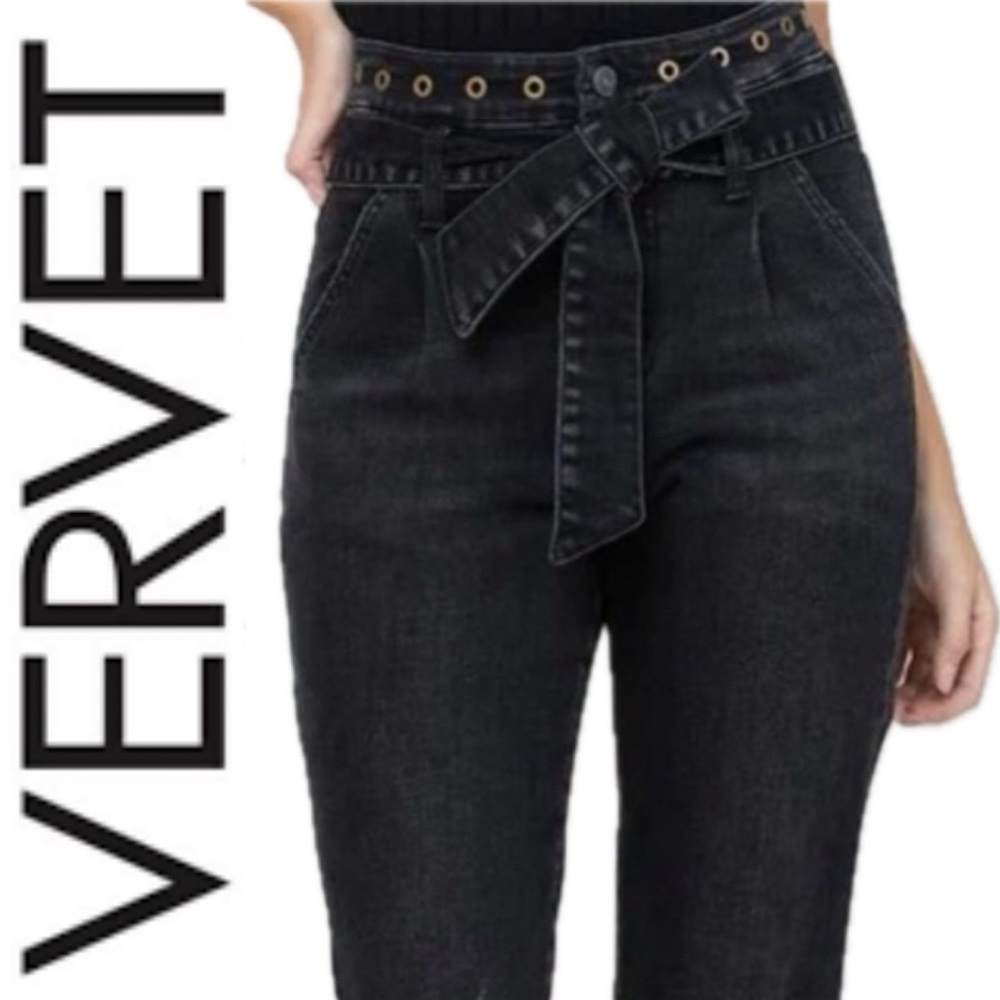 Vervet 29 Black Erika Stretch Mom Jeans | High Waist | Distressed | Tie Waist - Picture 1 of 16